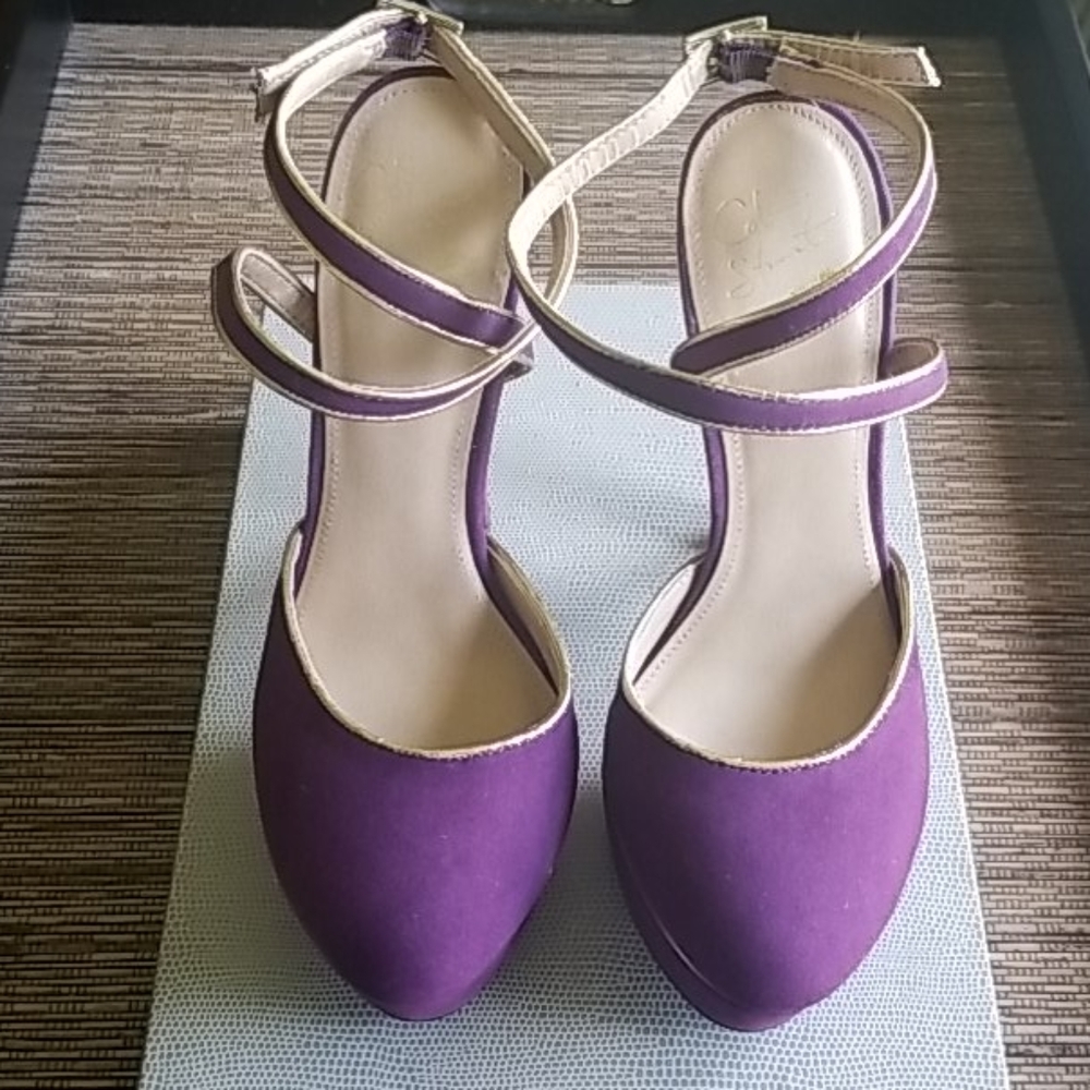 Colin Stuart purple ankle strap platform heels